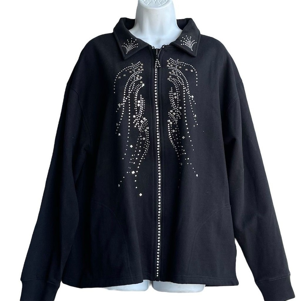 ISAACS DESIGNS Rhinestone Fleece Jacket Plus Size 1X Zip-Up Black Long Sleeve